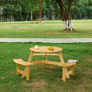 Outdoor 6 Person Picnic Table, 6 person Round Picnic Table with 3 Built-in Benches, Umbrella Hole, Outside Table and Bench Set for Garden, Backyard, Porch, Patio, Natural