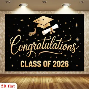 2D Flat, 2D Flat - 2D Flat, 2D Flat - A 2D Flat Banner Featuring a Luxurious Black Design for The Class of 2026, Adorned with a Golden Graduation Cap, Diploma, And Stars. This Polyester Backdrop Is Perfect,summervibes