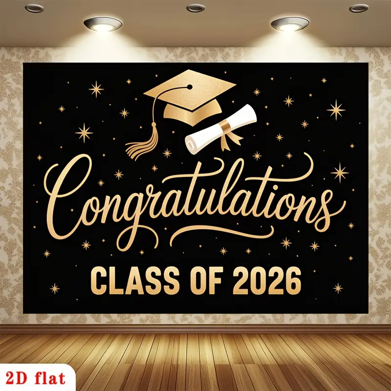 2D Flat, 2D Flat - 2D Flat, 2D Flat - A 2D Flat Banner Featuring a Luxurious Black Design for The Class of 2026, Adorned with a Golden Graduation Cap, Diploma, And Stars. This Polyester Backdrop Is Perfect