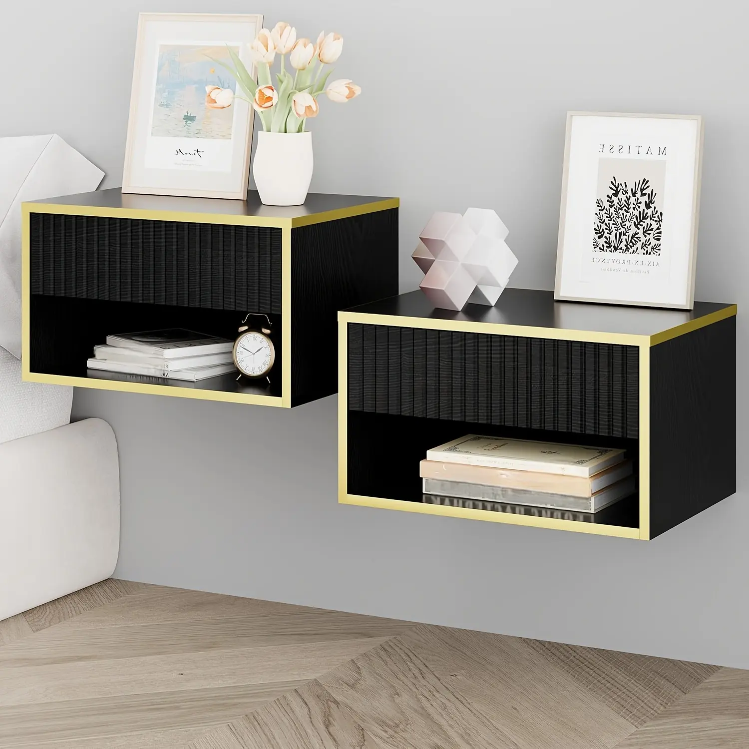 [DealsForYouDays][Summerwins] HOMBCK 1pc/2pcs 15‘’ Floating Nightstand Set of 2, Modern Wall Mounted Nightstand with Open Shelf and Fluted Drawer, Night Stand for Bedroom,Easy to install,White Gold/Black Gold summer garden,fathers day gift ideas