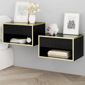 HOMBCK 1pc/2pcs 15‘’ Floating Nightstand Set of 2, Modern Wall Mounted Nightstand with Open Shelf and Fluted Drawer, Night Stand for Bedroom,Easy to install,White Gold/Black Gold