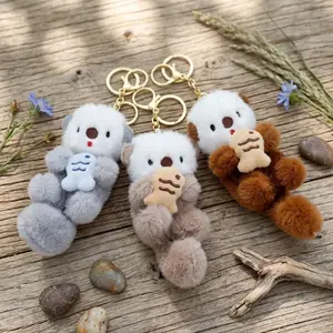 3pcs Cute Otter Plush Toy Keychain Brown Color with Fish Design Soft Stuffed Animal Pendant Charm for Bag Keys Adorable Gift for Otter Lovers High-Quality Metal Keychain