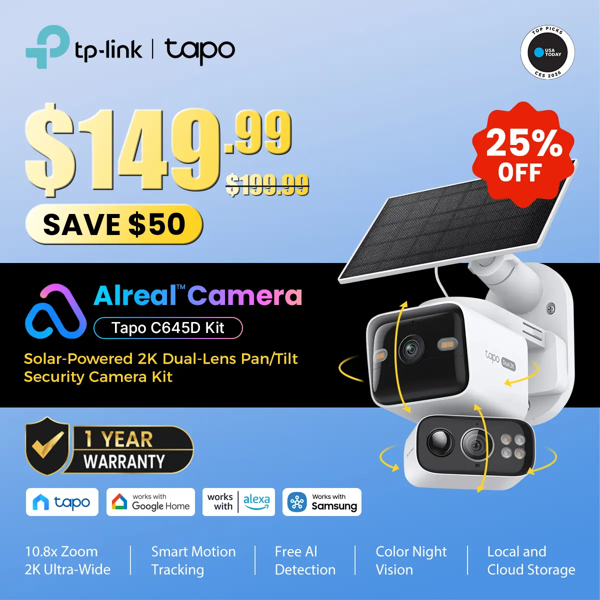 TP-Link & Tapo  C645D KIT Dual Lens Pan/Tilt Security Battery Camera Wireless w/Solar Panel, 2K 3MP 165° Wide-Angle + 6mm Telephoto, Free Person/Vehicle Detection, 360° Pan, SD/Cloud Storage, Works w/Alexa & Google  #SummerWins #DealsForYouDays