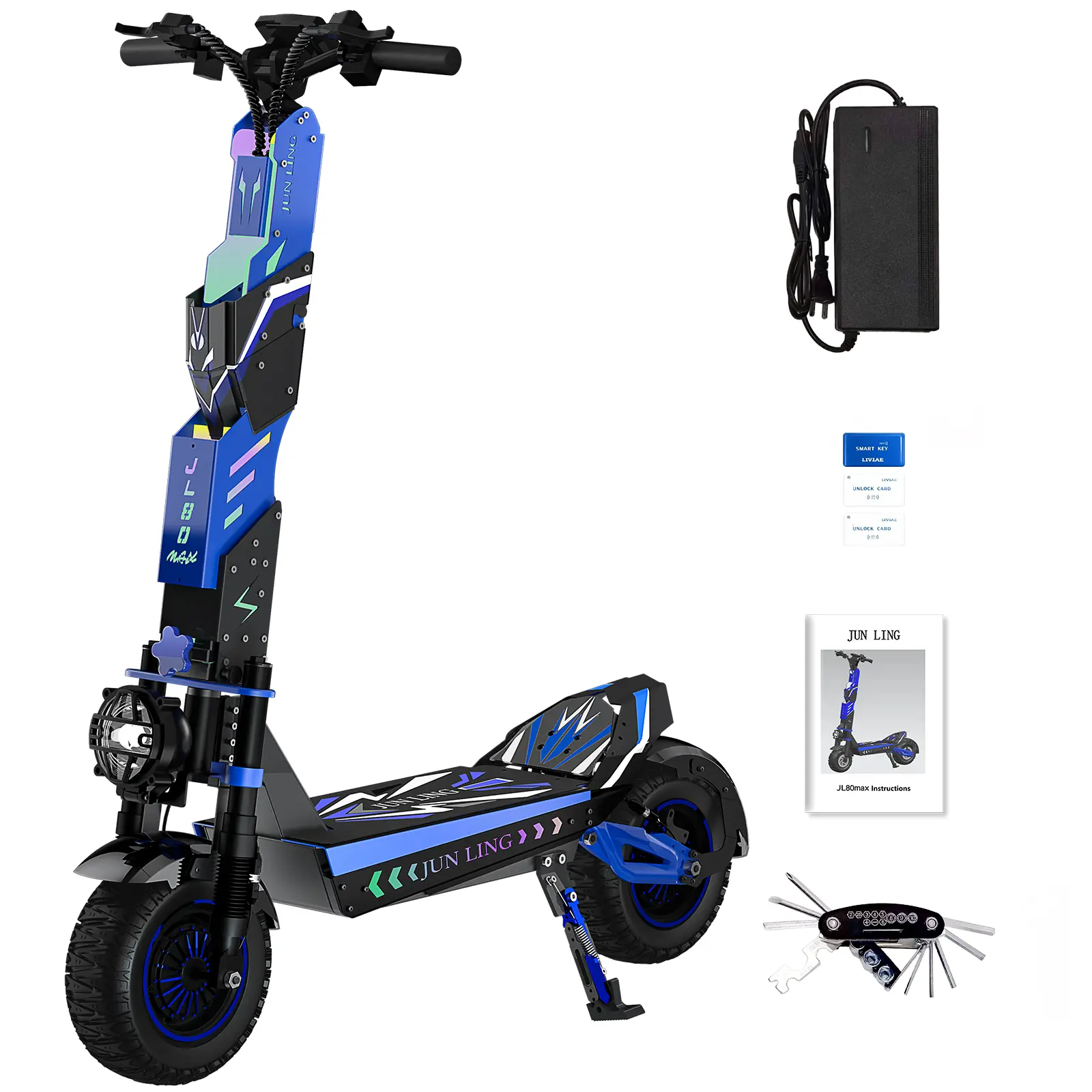 JL80Max Adult Electric Scooter, 6000W Dual Motor, 40 Mph Top Speed, 52 Mi Max Range, 60V/30AH Battery, Dual Suspension & Hydraulic Brakes, 12" Off-Road e-Scooter with Speaker, Portable Foldable Design