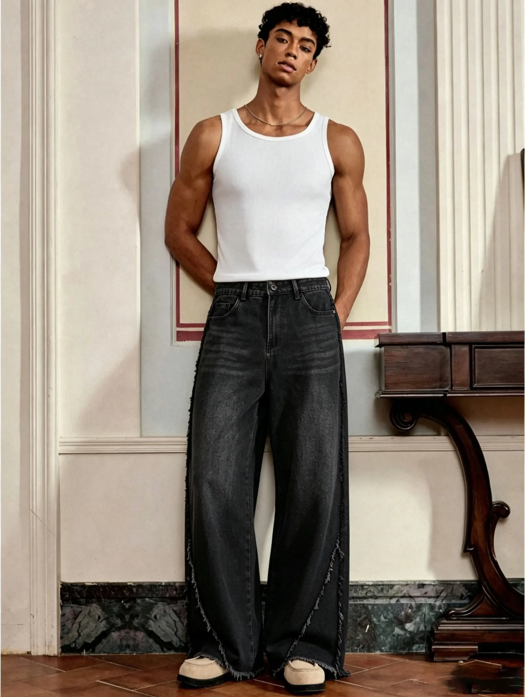 Men's Blake Extreme Baggy Loose-Fit Cotton Blend Jeans - Black Menswear, Casual Chic, Raw Hem, Machine Wash, Student Birthday Outfit Bottoms
