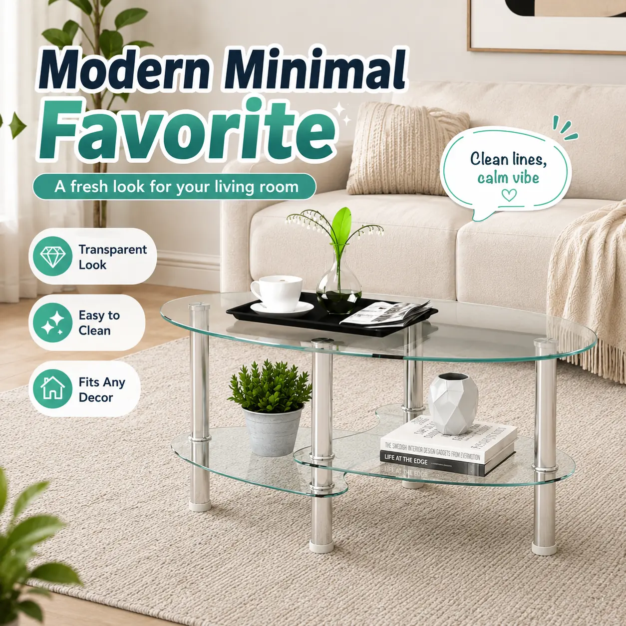 2-Tier Oval Tempered Glass Low Coffee Table with Chrome Legs, Modern Clear Living Room Table with Storage Shelf