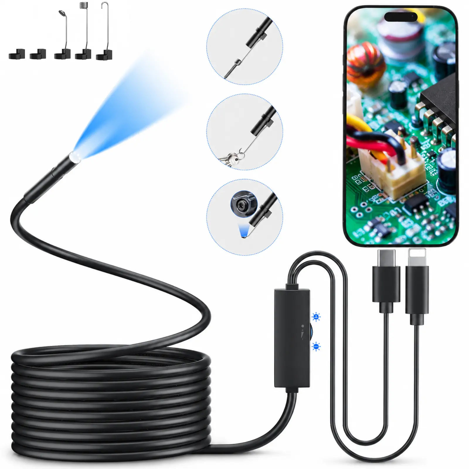 2MP HD Lighted Endoscope Camera, Automotive Diagnostic Tool with 16.5FT Semi-Rigid Cable, Plug-and-Play for IOS 9.0+, Android 4.0+, Pipe Check, Car Repair, Gift for Boyfriend