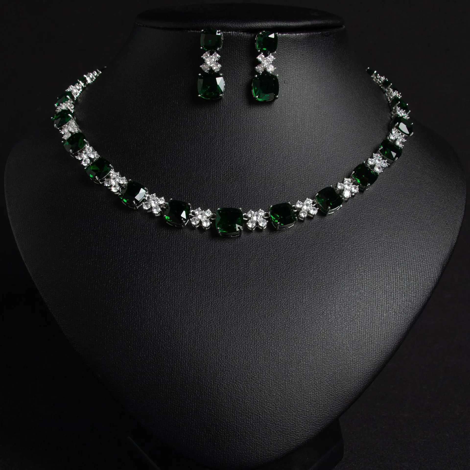Cushion Cut CZ Jewelry Set - 5-Color Silver-Plated Choker Necklace & Earrings for Bridal Wedding, Formal Party