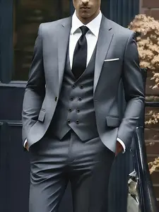 Men'S 3pcs Suit Set | Blazer Suit, Elegant Suit, Workwear, Work Uniform, Holiday Gift, Business, Halloween, Large Suit, Formal Tie, Suit Pants, Wedding Vest, Long Sleeve, Solid Color, Lapel Collar, Slim Fit, Menswear