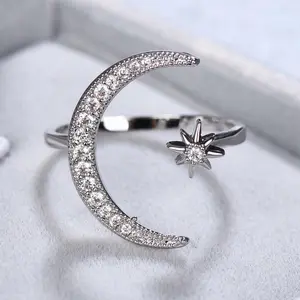 Crescent Ring Stainless Steel Silver Star Moon Ring Open Adjustable Fashion Accessories
