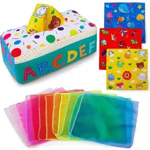 My First Baby Tissue Box, Soft Stuffed High Contrast Crinkle  Square Sensory Toys Juggling Rainbow Dance Scarves for Toddler, Infants, Newborns and Kids Educational Preschool Learning