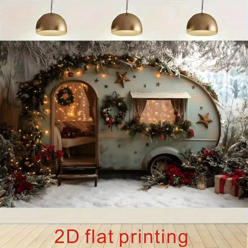 1pc 2D Flat Winter RV Camper Van Party Backdrop with Snowy Landscape, Twinkling Lights & Red Poinsettias - Self-Lit Polyester Fabric Wall Decoration for Christmas, New Year's, Winter Birthday - Banners Ornaments