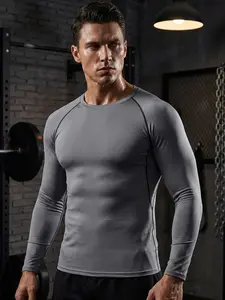 Men's Solid Classic Round Neck Sports Tee, Tight Quick Drying Long Sleeve Coverage Crew Neck T-Shirt for Gym Workout Running, Casual Sporty Silhouette Top for Spring & Fall, Compression Activewear, Workout Clothes