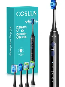 COSLUS Sonic Electric Toothbrush for Adults: 3 Intensities & 5 Modes Customized for Effective Yet Gentle Cleaning - 2 Types of Heads for Gentle or Daily Care, Travel & Family Home Use, Black, 1PC