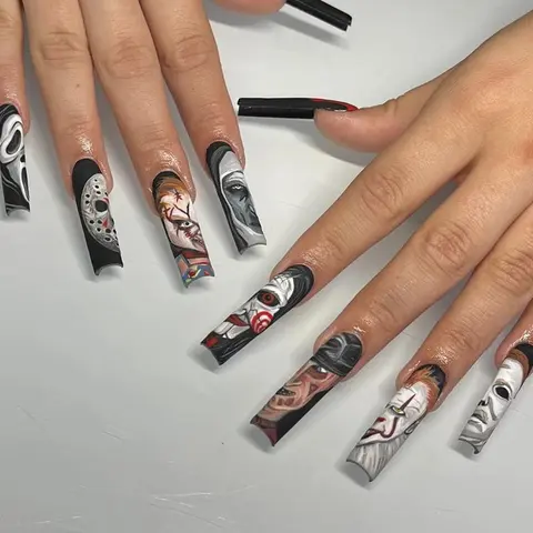 Ghost Face Pattern Fake Nails with Nail File & Tape & Stick, 24pcs/set Long Square Press on Nails for Women & Girls DIY Nail Art, Elegant Stick on Nails Kit Couple Ideas, False Nail Set, Nail Art Kits