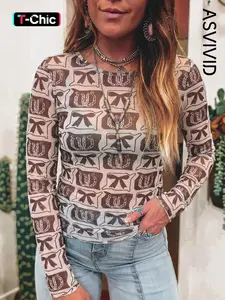 Women's Casual Vintage Print Southern Style Mesh Long Sleeve Top, Comfortable and Stylish, Perfect for Daily Wear
