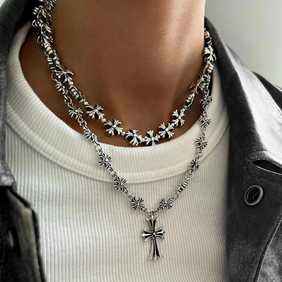 Trendy Stacked Cross Cuban Link Necklace, Unisex Fashion Anti-Fade Streetwear Neck Jewelry