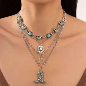 Ingemark 4Pcs/Set Ethnic Blue Stone Chain Necklace for Women Vintage Cowboy Hat Boots Pendant Choker Jewelry Gift
