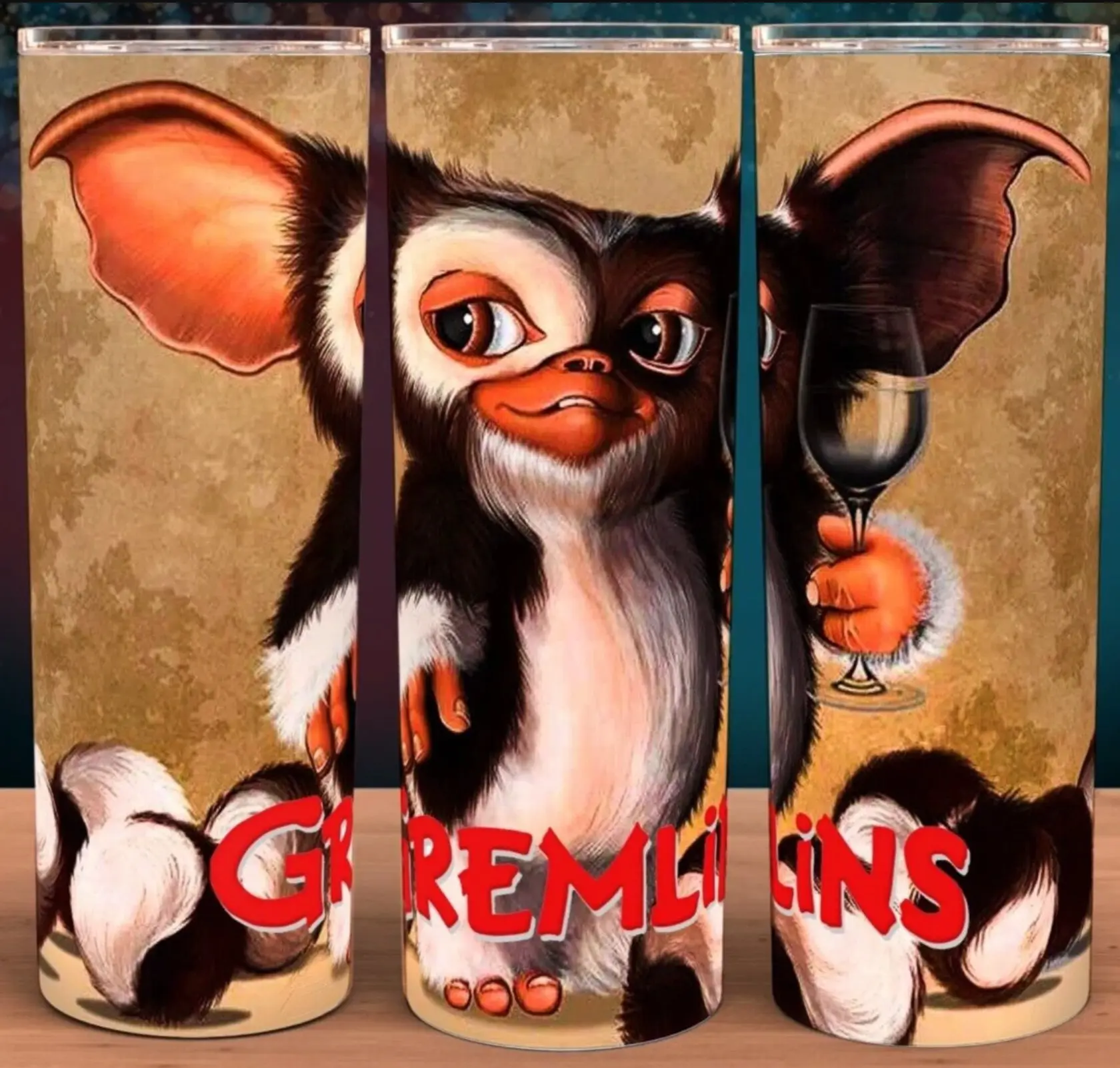 Gremlins 80s Gizmo with Wine Glass Cup Mug Tumbler 20oz Stainless Steel Tumbler with Slide Closure Lid, Reusable Plastic Straw, Handmade Design - Drinkware