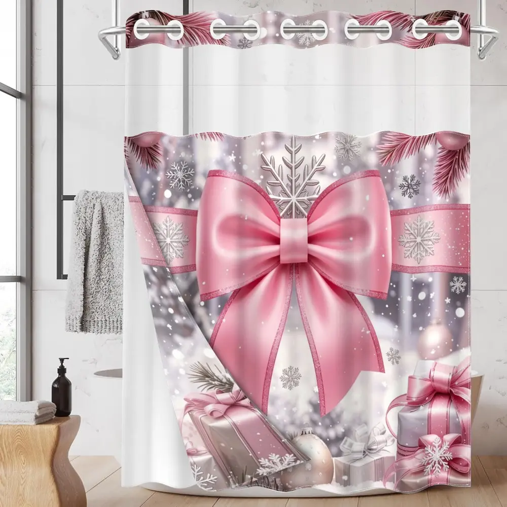 1PC/4PCS 2D Flat Printing Winter Joy Pink Bow Snow Scene Patterned shower curtain, Printed shower curtain, home bathroom decor, shower curtain set with 12 hooks, non-slip bathroom rug, U-shaped toilet seat cover