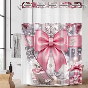 1PC/4PCS 2D Flat Printing Winter Joy Pink Bow Snow Scene Gifts Patterned shower curtain, home bathroom decor, shower curtain set with 12 hooks, non-slip bathroom rug, U-shaped toilet seat cover, toilet seat mat.