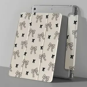 Gray and white bow pattern, with adjustable bracket and pen slot, foldable non-slip TPU protective case, suitable for iPad mini, iPad Air, iPad Pro/iPad 10th generation, 11th generation and other series of iPad protective cases