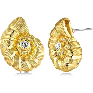 SNGIA 18K Gold Plated Nautilus Shell CZ Statement Stud Earrings for Women Elegant Floral Design Jewelry