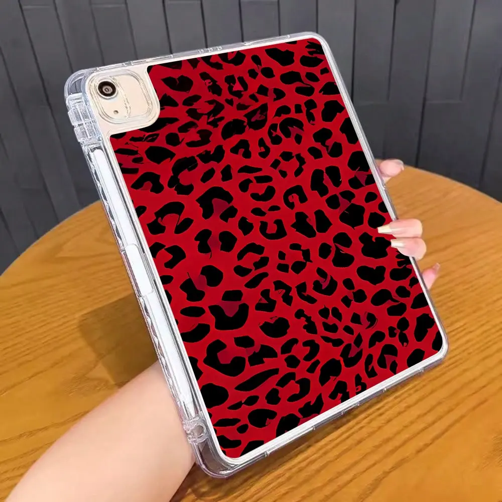 Red Leopard Print TPU Shockproof Clear iPad Case, Slim Soft Cover with Built-in Pencil Holder, Compatible with iPad 10.5/10/9/8/7, Mini 4/5/6, Air 4/5/6 & Pro 11"series.Slim Portable Single-Side Protection