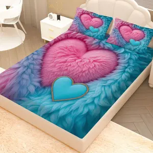 3-Piece Plush Heart Bedding Set (1 Fitted Sheet + 2 Pillowcases), Valentine's Day Theme, Romantic Bedroom, Soft Breathable Mattress Protector
