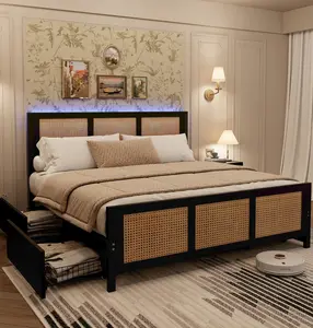 Black Rattan Bed Frame with Headboard,Boho Cane Platform King Size Bed Frame with 4 Drawers,Strong Metal Slats Support,Noise Free,No Box Spring Needed