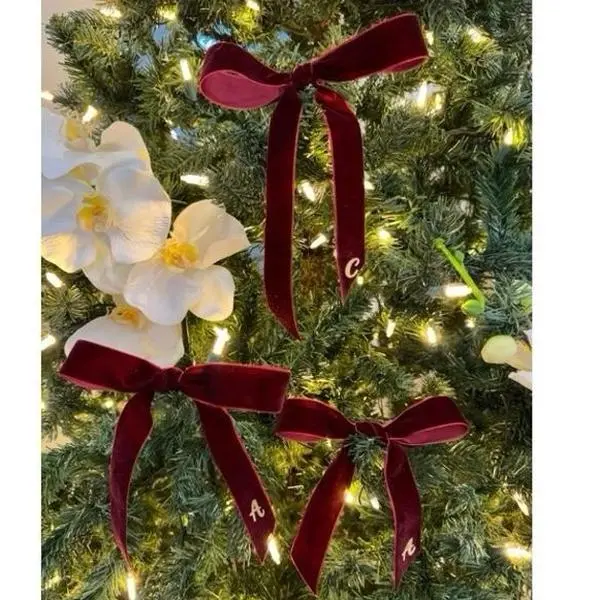 Personalized Velvet Bows - 3 Custom Bows in Red  with Initial Choice for Christmas Tree Decor - Handmade Elegant and Festive Design