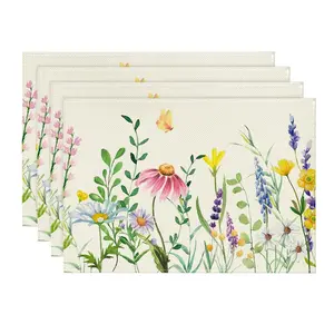 4PCS Spring and Summer Style Daisy Eucalyptus Lavender Floral Leaf Spring Placemats, 12x18 Inches Seasonal Table Mats Suitable for Party, Kitchen and Dining Room Decoration