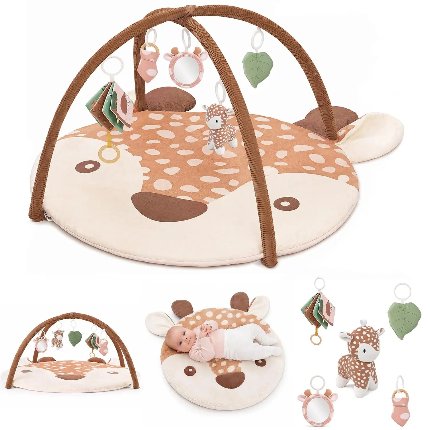 2PM SPORTS Baby Play Gym, Deer Theme Tummy Time Play Mat with 5 Detachable Toys, Machine Washable Sensory Activity Mat for Newborn Infants 0–12 Months, Baby Shower Gift