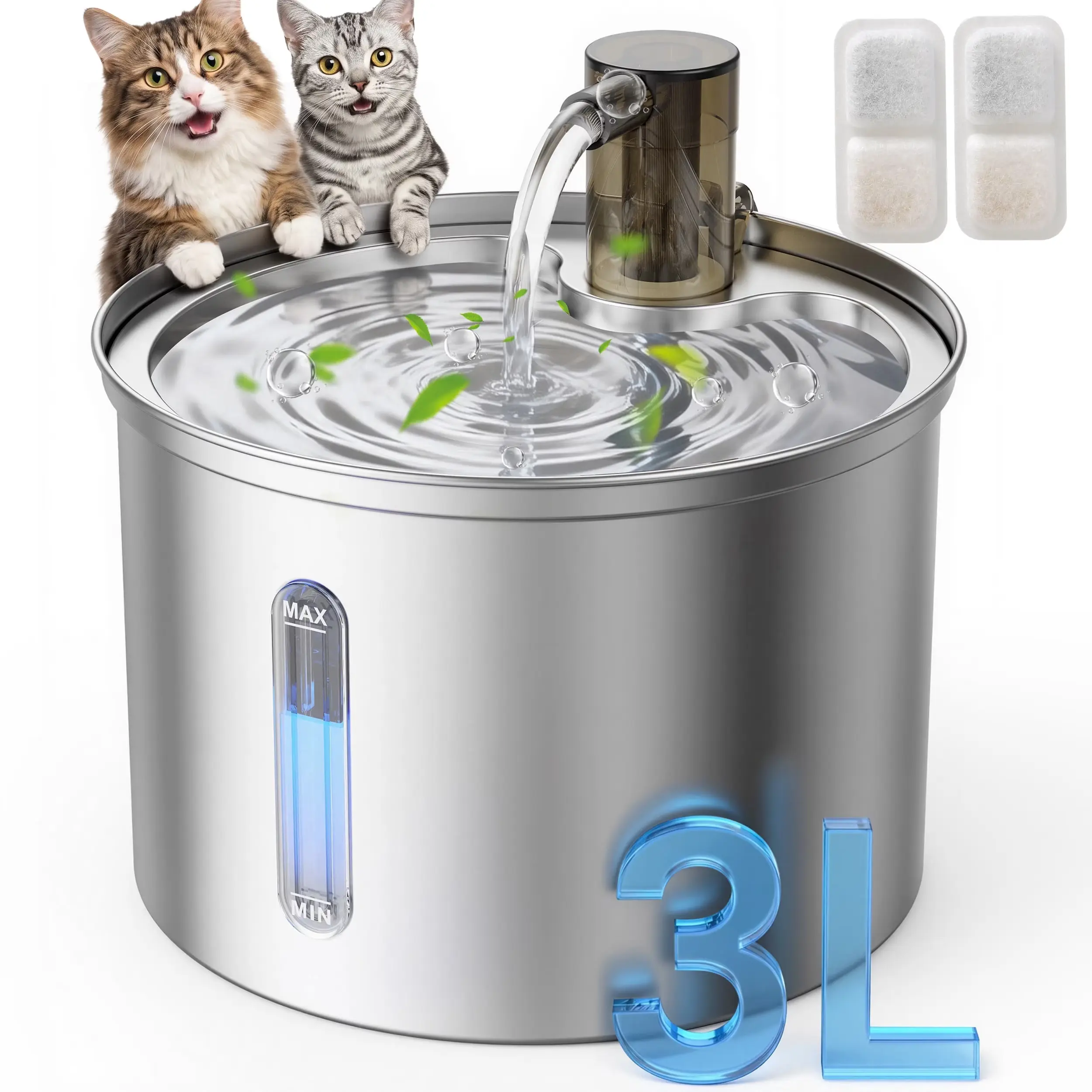 Oneisall PWF-002 Cat Water Fountain Stainless Steel 304, 3L/101Oz Cats Love Water Fountains for Cats Indoor, Low Noise Cat Fountains for Drinking, Silver