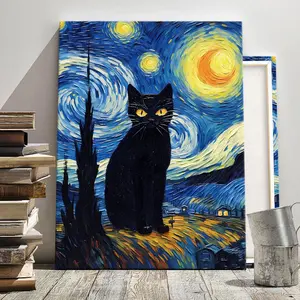Van Gogh Starry Night Cat Pattern Wooden Framed Canvas Painting, Modern Art, Fashion Decoration, Living Room Bedroom Decoration, Office Mural, Ornaments