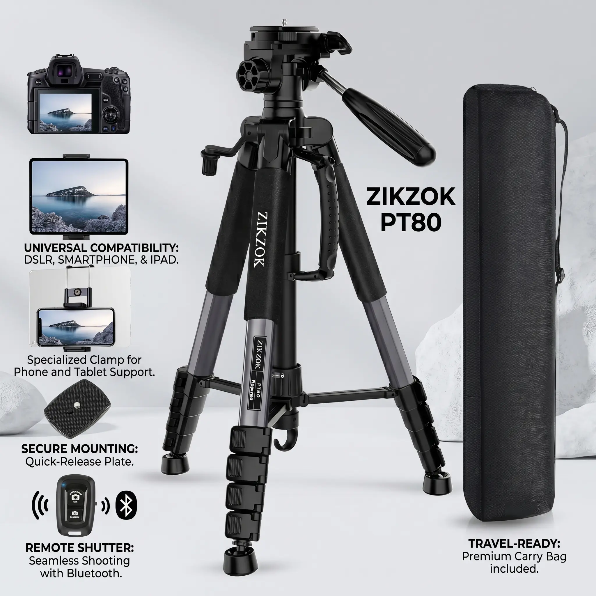 Sleek Grey Folding Creator Tripod - All-in-1 Wireless Rubber Stand for Phone, Tablet, DSLR Camera, Bluetooth Remote Included for Dance Recording