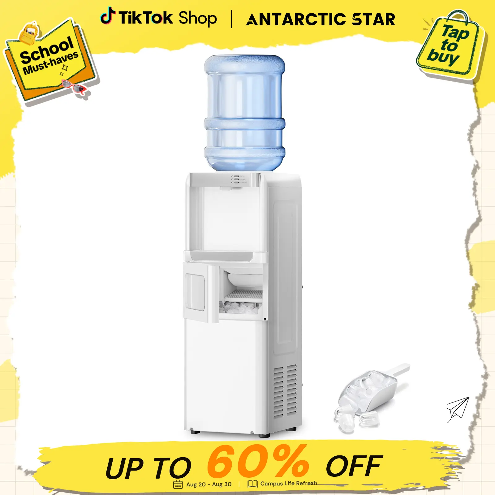 BackToSchool | Antarctic Star 3-in-1 Water Cooler & Dispenser with Built-in Ice Maker, 3-5 Gal Bottle Compatibility, Child Safety Lock, White, Large Barrel Water Coolers & Dispensers