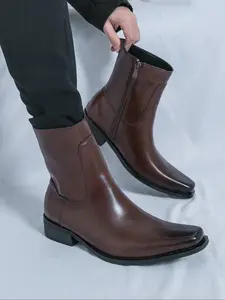 Men's Low Heel Side Zip Chelsea Boots, Classic High Top Round Toe, Pure Color Versatile Men's Shoes, Comfortable and Stylish, Rubber