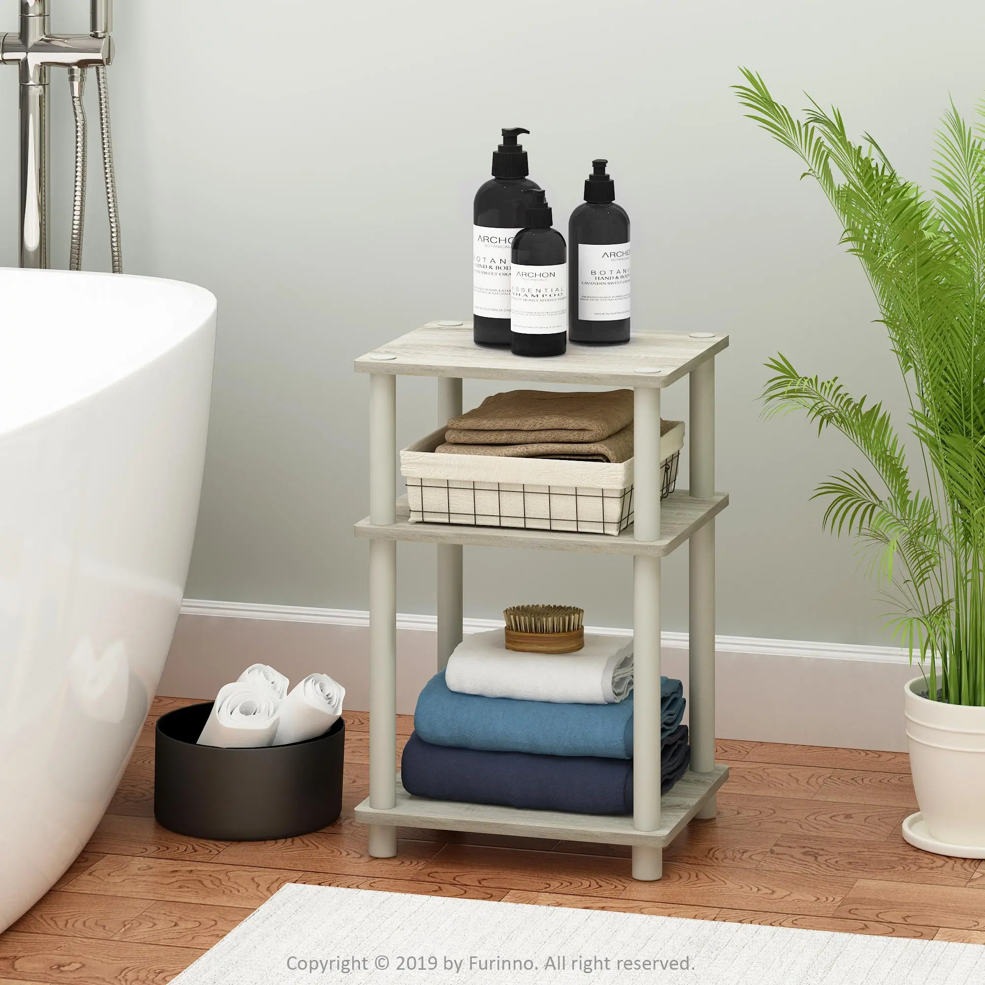 3-Tier Sonoma Oak Composite Wood Plastic Corner End Table - Rounded Corners, Open Shelves, Storage, 13.4" w Footprint, 13.4x11.5x22.8in, 15lb Per Tier, Tool-Free Fully Assembled Minimalist Indoor Furniture for Bedrooms, Organization, Room Decor