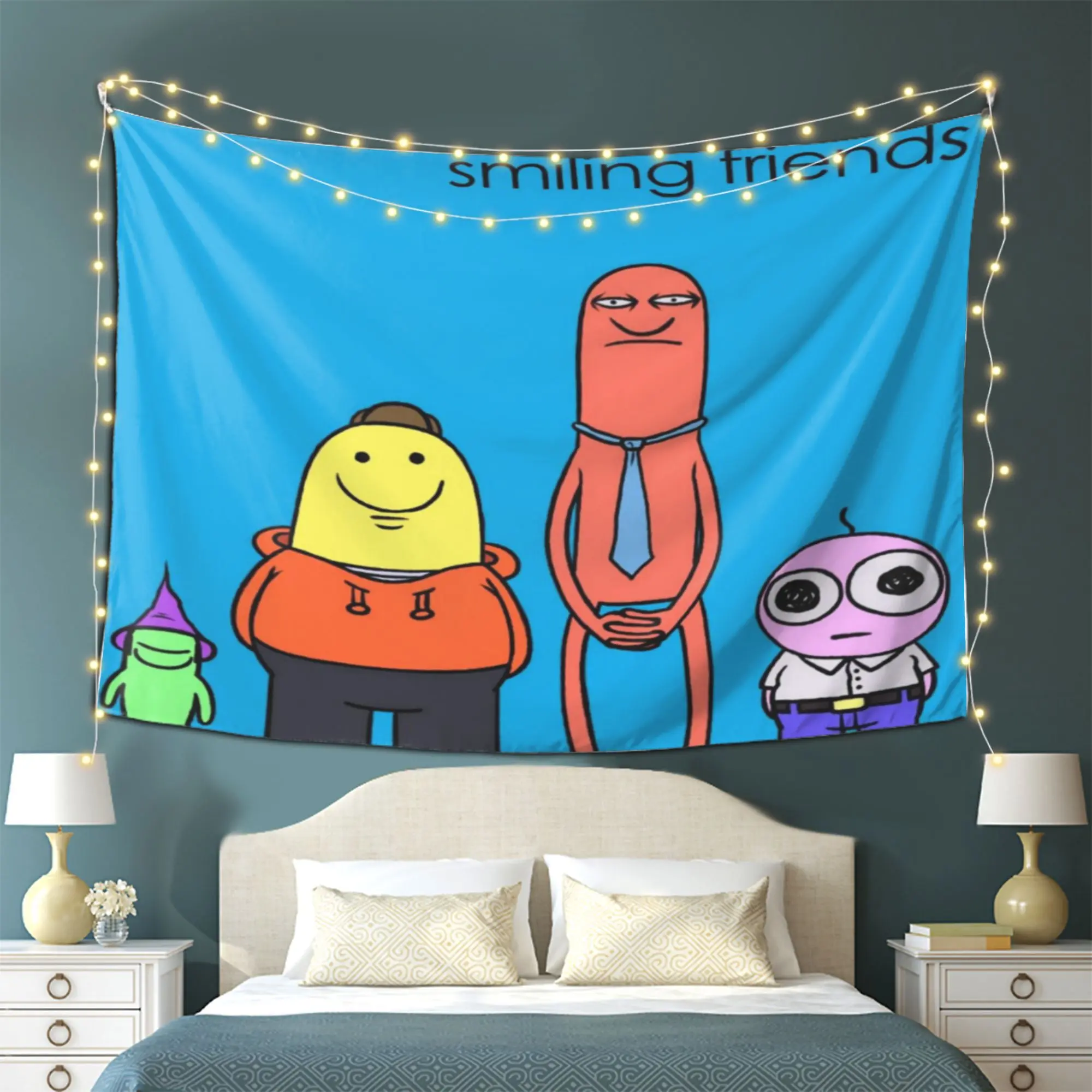 Smiling Friends Synthetic Full-Print Tapestry, Playful Black Humor Wall Hanging, Funny Decor Home Inspo Room Art for Studio, Watch Party Indoor Decor, Humorous Novelty Tapestries