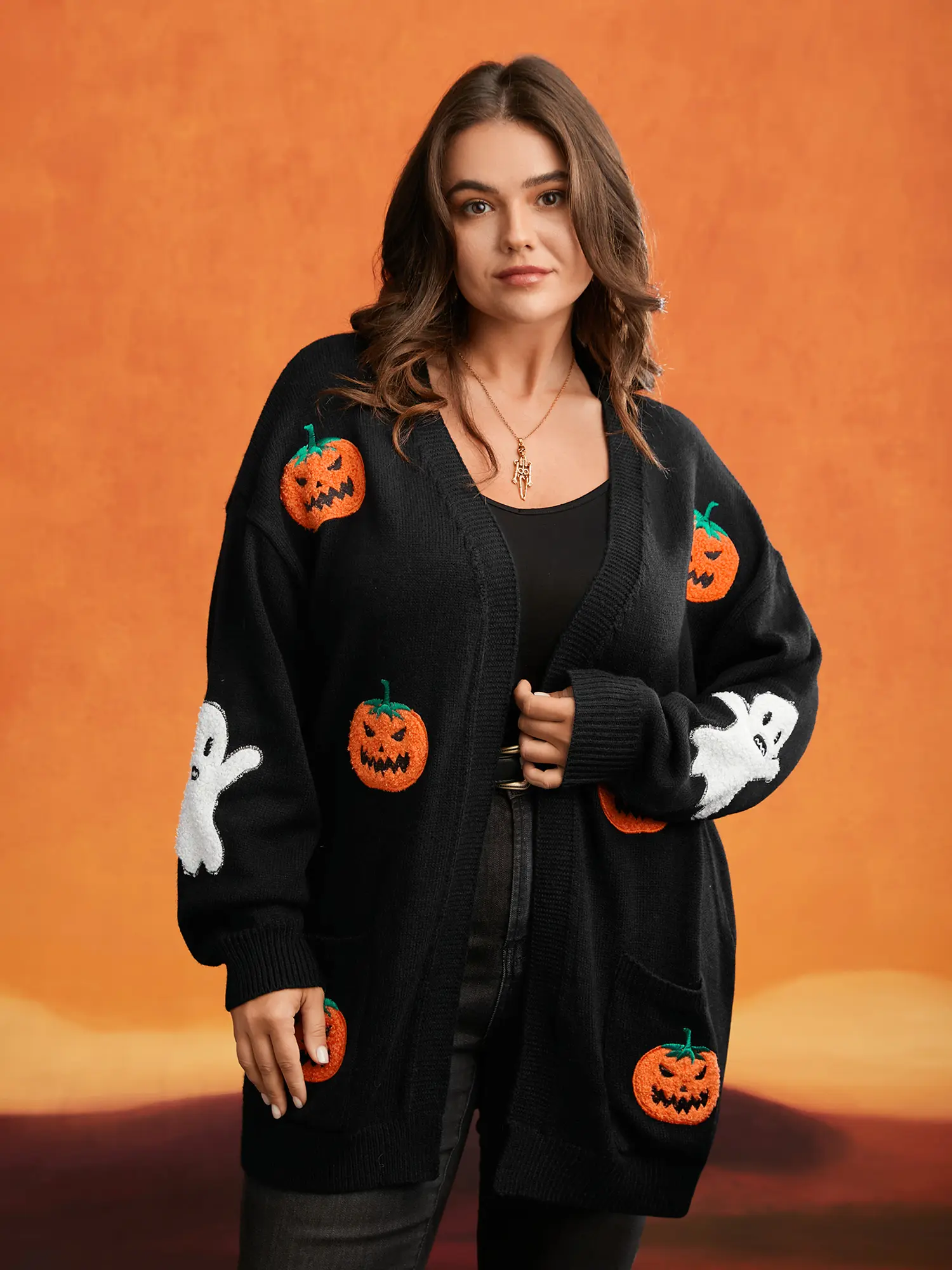 BLOOMCHIC Pumpkin Ghost Embroidery Open Cardigan - Black Long Sleeve Kimono Collar Casual Knitwear with Patch Pocket for Women,Summerfinds