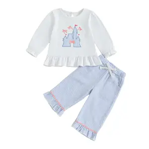 Kids Toddler Little Girl Outfits Castle Bow Embroidered Ruffled Trim Long Sleeve Tops Long Striped Pants 2 Pcs Fall Clothes Set