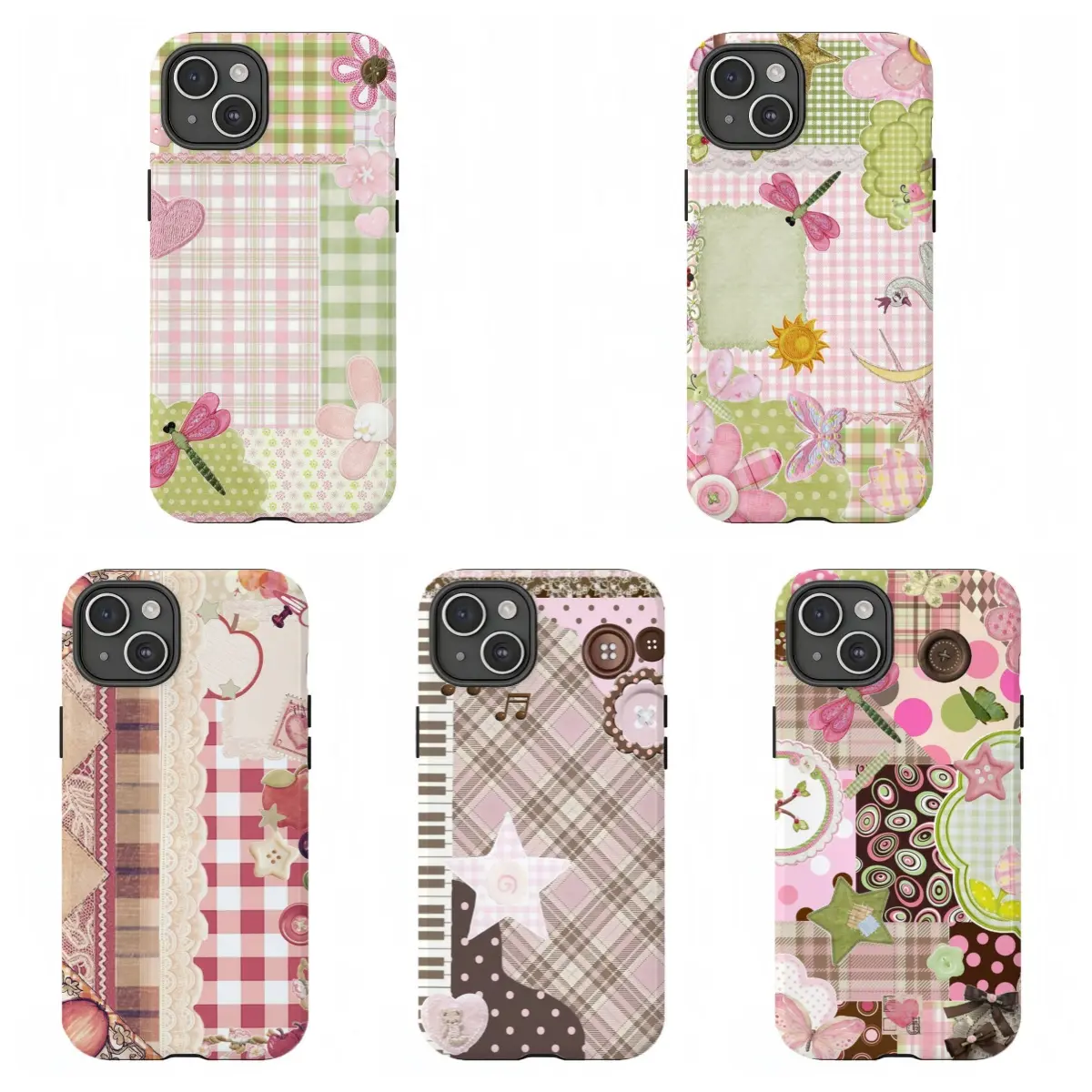 Coquette Lace & Plaid Patchwork Phone Case|Vintage Patchwork Shockproof Cover For iPhone 17 Pro Max 16 15 14 13 12 11 for Samsung S21 S22 S23 S24 S25 S26 Phone Case|Tough Phone Case|gift for him for her|Best Gift