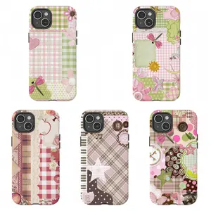 Cute Cottagecore Patchwork Phone Case|Pink Green Gingham Floral Protective Cover For iPhone 11 12 13 14 15 16 17 Pro Max For Samsung S26 S25 S24 S23 S22-Gift For Her/Him