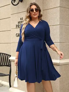 [Plus Size]Plain Wrap V Neck Belted A Line Plus Size Dress, Women's 3/4 Length Sleeve Solid Dress, Summer Dresses