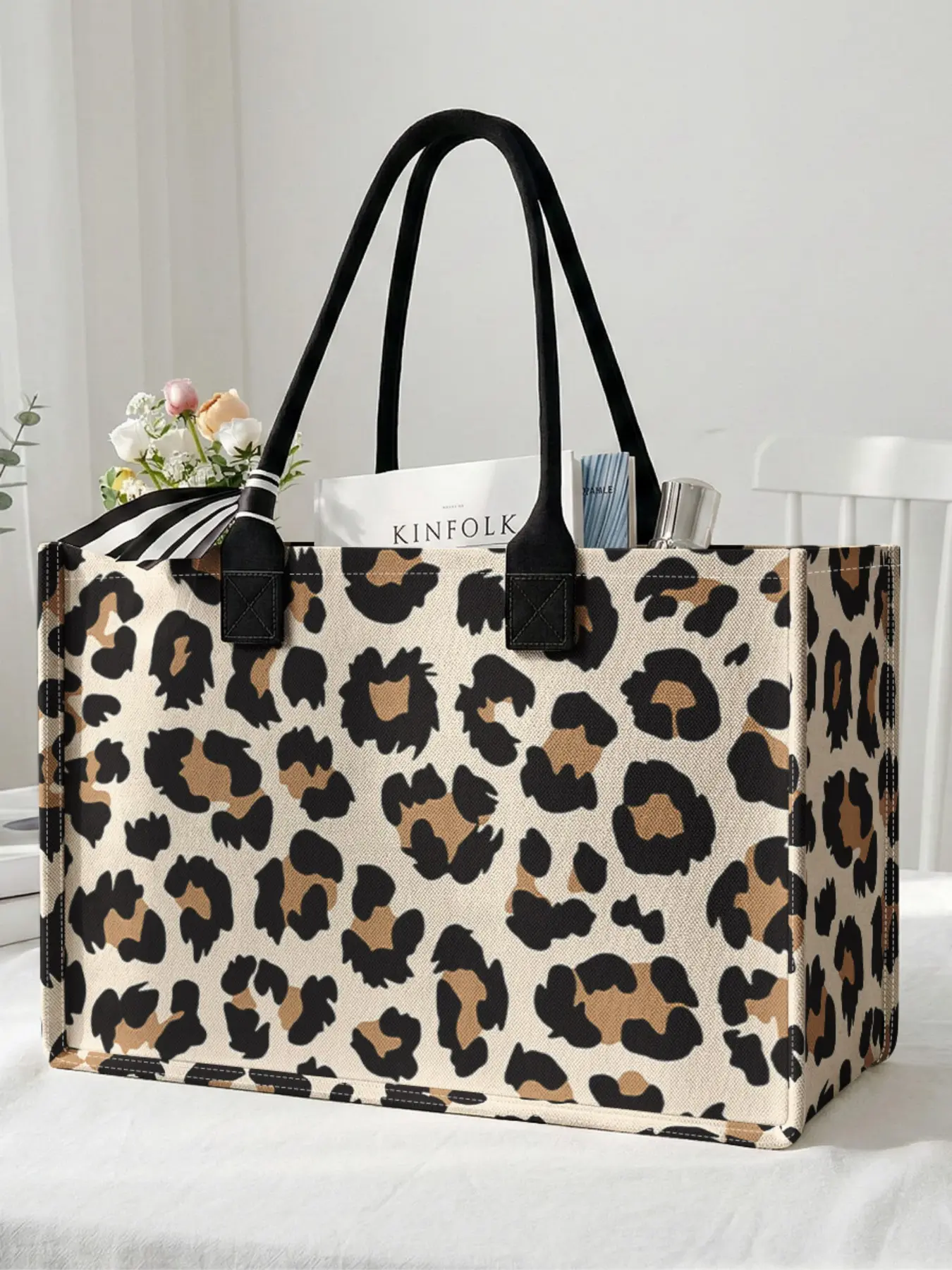 1 piece of leopard print pattern 2D printed large capacity storage bag, Shopper Handbag, Shopping Tote, extra large storage bag, sturdy handle, space-saving multi-purpose, suitable for use at school, on business trips, and shopping