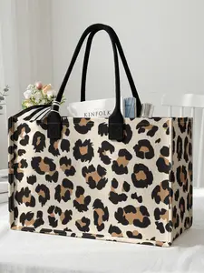 1 piece of leopard print pattern 2D printed large capacity storage bag, extra large storage bag, sturdy handle, space-saving multi-purpose, suitable for use at school, on business trips, and shopping