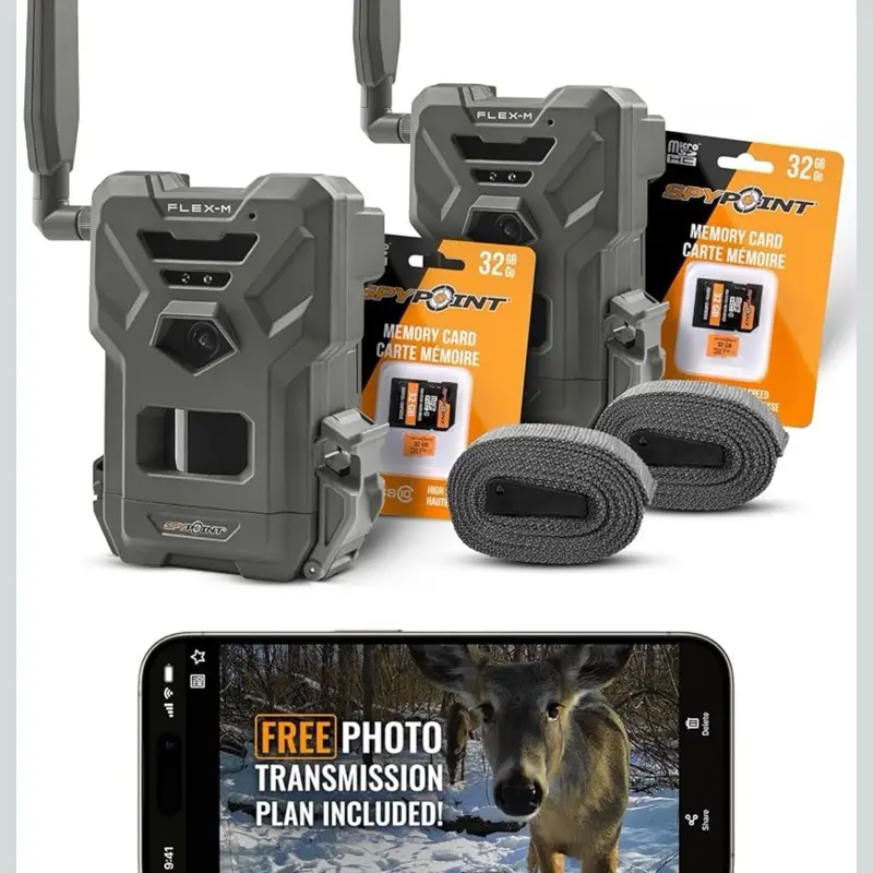 SPYPOINT Flex-M Twin Pack Cellular Trail Cameras - 2 SD Cards Included, Best Hunting Accessories, No WiFi Needed, GPS, Night Vision, IP65 Water-Resistant, 28MP Photos, & 720p Videos + Sound pack of 2