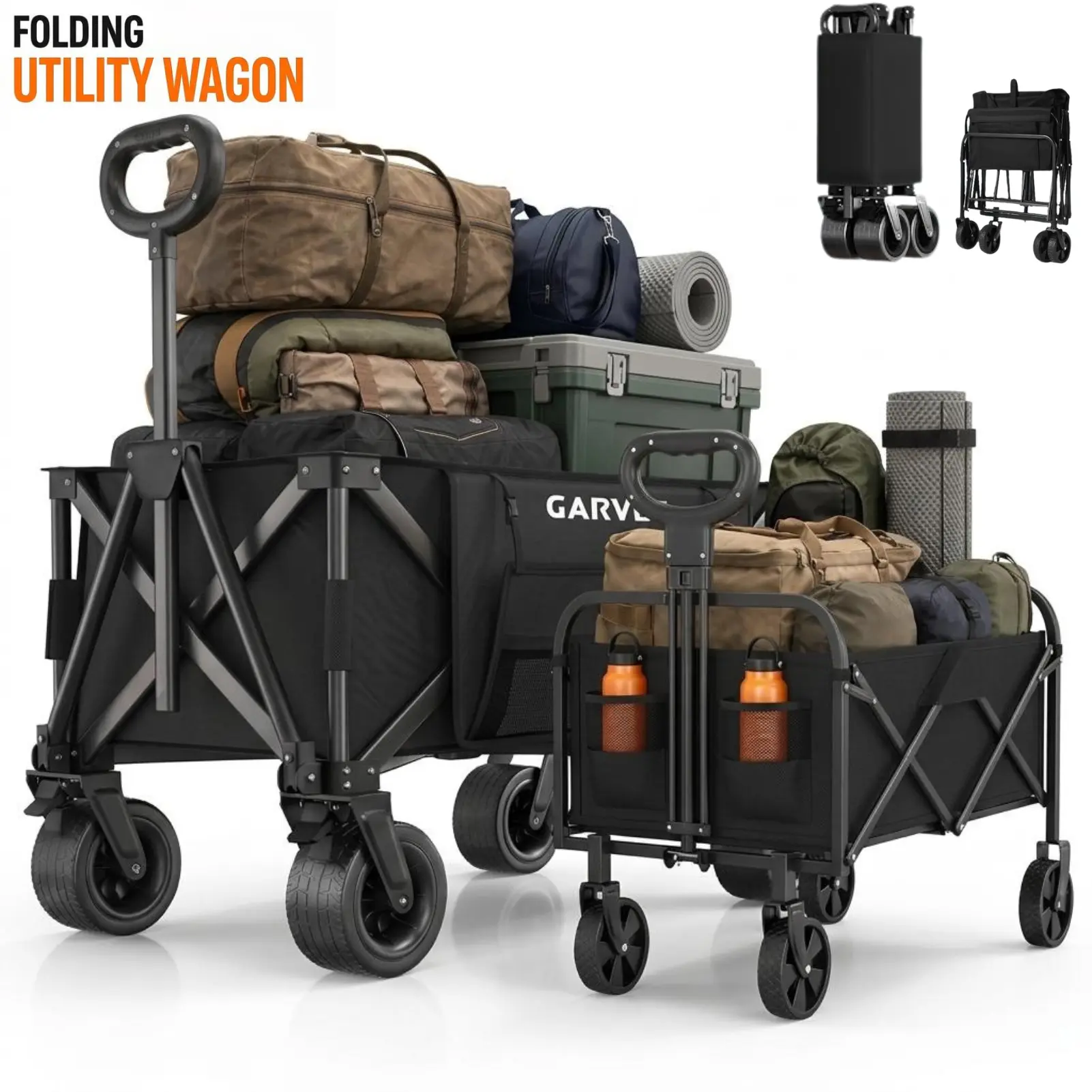 【fathersdaygift】Garvee Wagons Carts Foldable, Garvee Utility Collapsible Wagon with All-Terrain Wheels, Drink Holders & Adjustable Handle, 280 LBS & 500 LBS Portable Grocery Wagon for Shopping, Camping, Garden