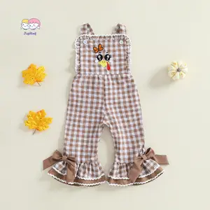 Kids Girls Overalls, Plaid Embroidery Turkey Flare Pants Thanksgiving Clothes for Casual Daily